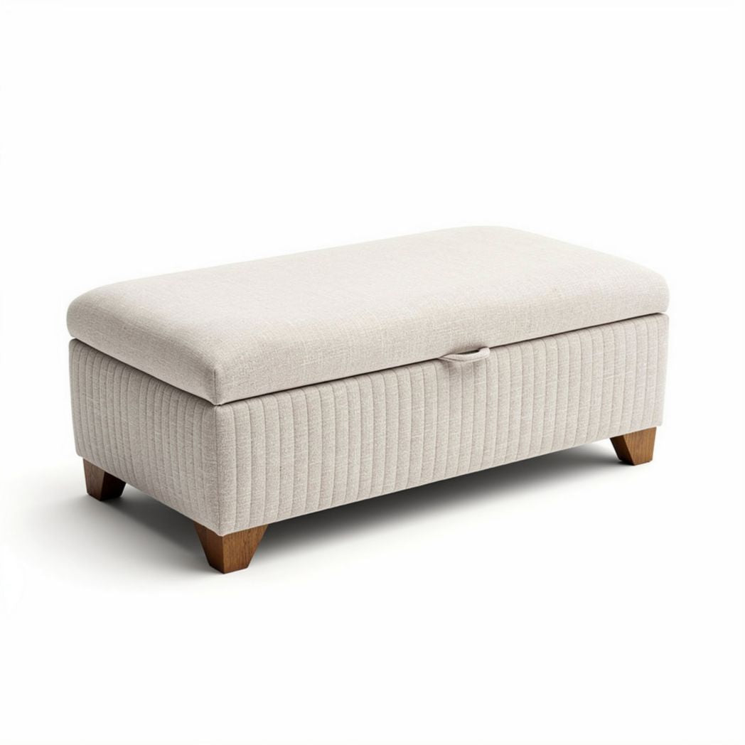 Pouf de rangement en tissu beige dimensions 75 x 35 x 40cm avec pieds en bois