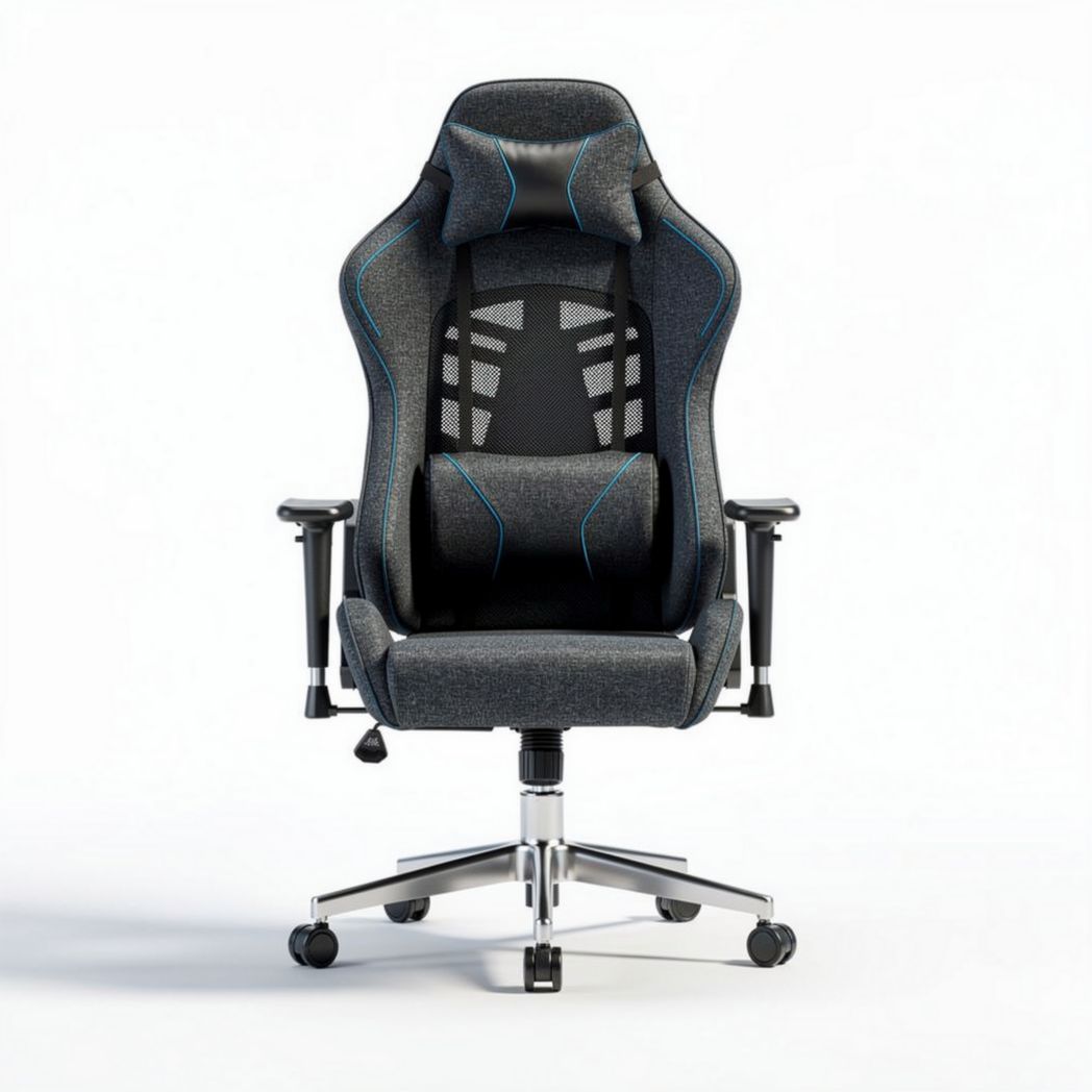 Chaise de bureau ergonomique en tissu gris avec accoudoirs réglables